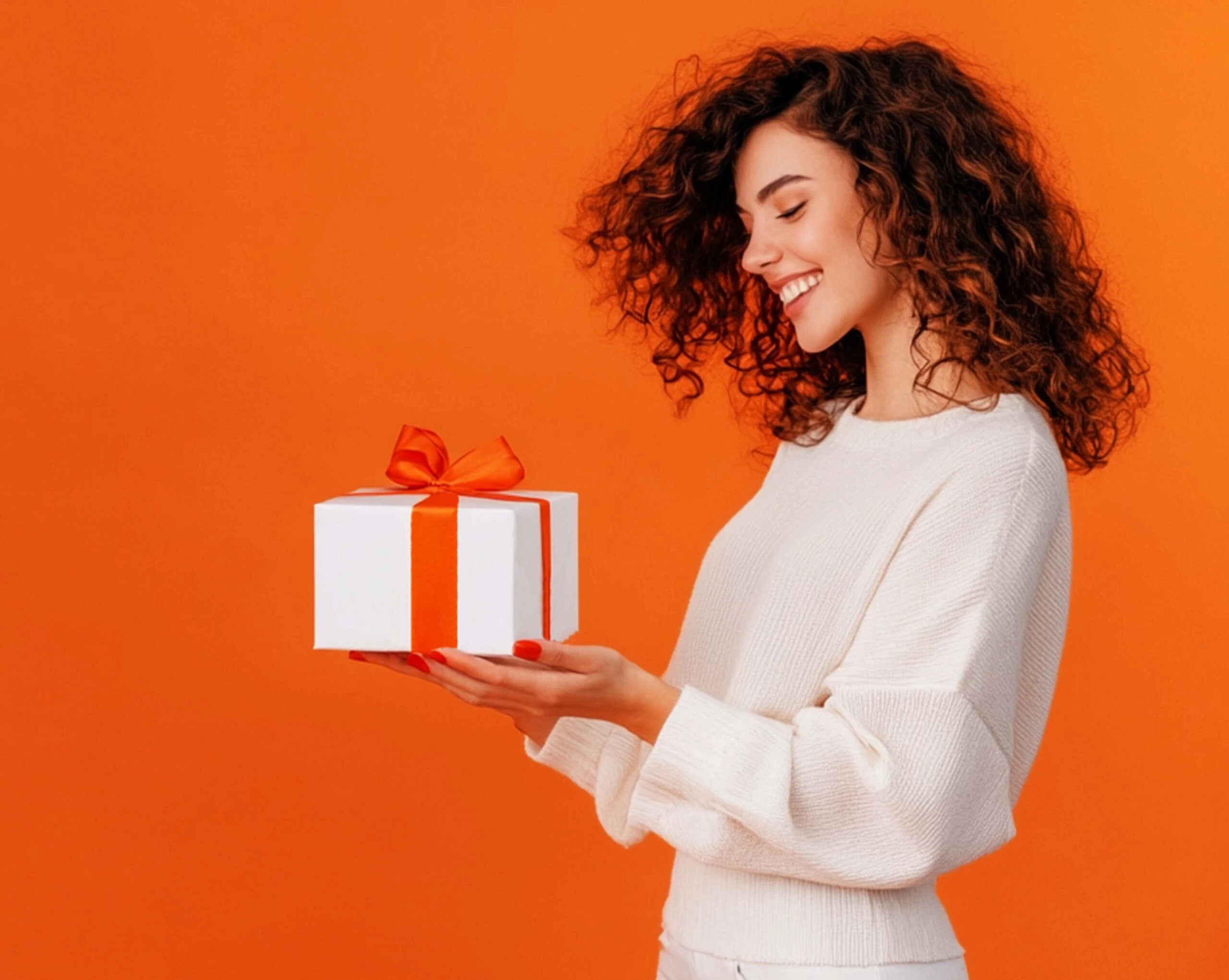 Frau die ein Geschenk in den Händen hält als Symbol für Mitarbeitergeschenke